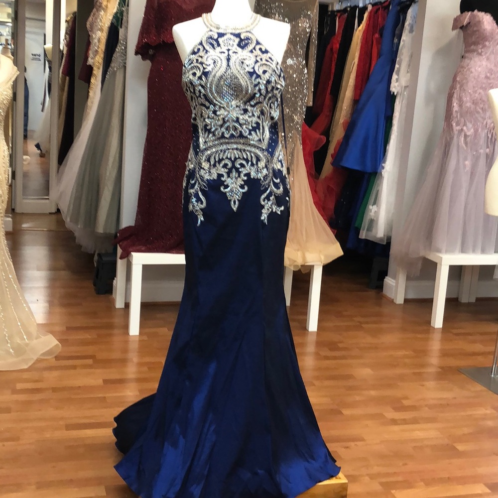 Royal blue prom dress with rhinestones